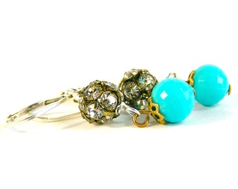Having A Ball Vintage Earrings - Vintage Swarovski Rhinestones, Vintage Dangles & Sterling Silver - Turquoise/Crystal Colorway