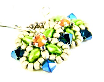 Renaissance Earrings - Beadweaving - Swarovski Crystal, Vintage Rhinestones, Glass Beads, & Sterling Silver - Green/Blue/Orange