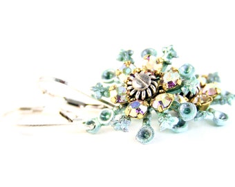 Vintage Enamel Filigree Snowflake Earrings - Assembled - Rhinestones & Sterling Silver - Lever Backs - Milky Blue/Sparkle - Holiday Gift