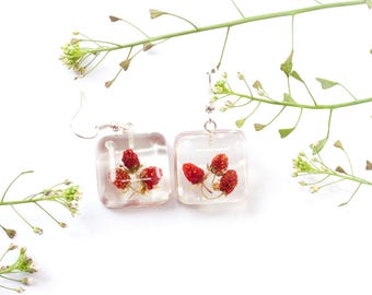 Strawberry earrings - Strawberry jewelry - red earrings - dangle earrings - fruit earrings - real berry earrings - botanical earrings