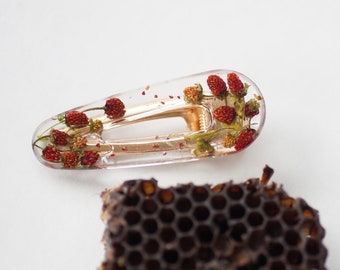 Red wild strawberries resin Hair clip, Gold berry barrette hair pin