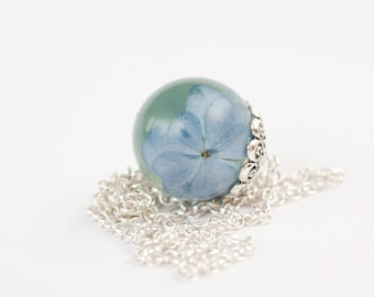 Light blue Hydrangea Flower pendant - Hydrangea chain necklace - Something blue jewelry - Resin necklace - Sphere resin pendant - Botanical