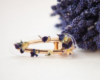 Wild violet flower women hair clip, Floral adult resin barrette with gold clip