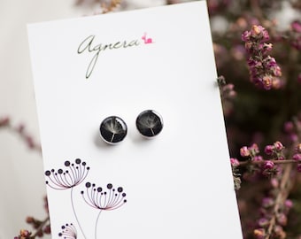 Small minimalist black dandelion post earrings - unisex 925 sterling silver resin studs