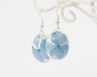 Blue hydrangea earrings - Pressed flower resin jewelry - Something blue gift