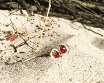 Red strawberry studs - Small botanical silver post earrings with dried berries