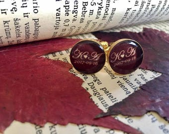 Burgundy cufflinks - Personalized wedding cuff links - groom cufflinks - Initials and wedding date cufflinks  - maroon cufflinks - dark wine