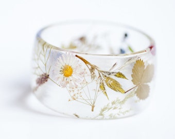 Bracelet jonc floral large - Bracelet épais avec de vraies fleurs - Bracelet jonc en résine botanique avec fleur pressée - bijoux de terrarium