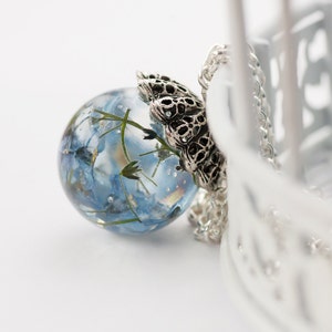 Forget me not  jewelry - dried flower necklace - sphere Resin pendant