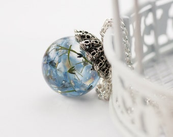 Forget me not  jewelry - dried flower necklace - sphere Resin pendant
