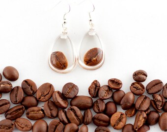 Coffee bean earrings - Coffee jewelry - Tear drop earring - Dangle resin earrings - Coffee lovers gift idea