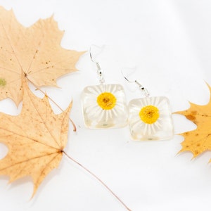 Pressed flower Daisy earrings - Floral resin jewelry
