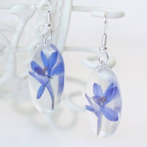 Op de afbeelding: Een paar zilveren oorhangers met heldere hars ovalen met geperste blauwe bloemen.