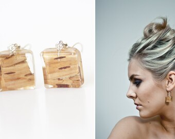 Wooden earrings - Wood earrings - Birch earrings - Real birch jewelry - Resin earrings - Woodland earrings - Nature inspired jewelry