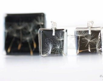 Square dangle dandelion earrings - Minimalist resin Make a wish jewelry