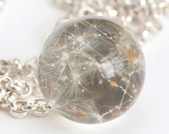 Terrarium pendant necklace with real dandelion seeds - Make a wish jewelry