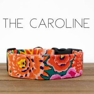 May include: A colorful dog collar with a floral pattern in shades of orange, pink, green, and yellow. The collar has a black buckle and the text "THE CAROLINE" is written above the collar.