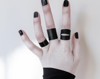 Leather Ring Set Unisex Black Ring Bundle Vegan Ring Band