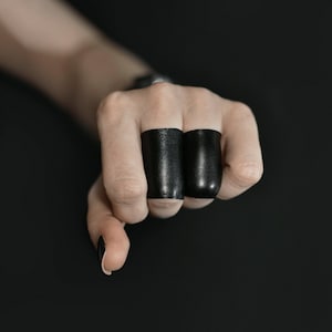 Stretch Leather Ring Unisex Edgy Jewelry Layering Leather Band Black Finger Cuff Over Knuckle Compression Ring Alternative Vegan Jewelry