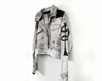 Denim Gray Jacket Oversize Streetwear Crop Jacket Hand Painted Black Leather Jacket Washed Denim Spring Bolero Jacket - Rannka