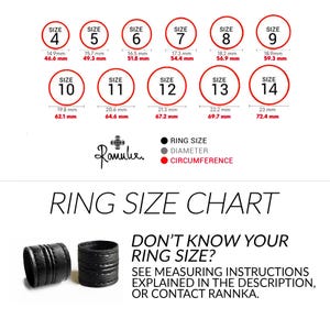 May include: Ring size chart with sizes 4-14, including diameter and circumference measurements in millimeters and inches. The chart also features two black leather ring samples and the text "Don't know your ring size? See measuring instructions explained in the description, or contact Rannka."