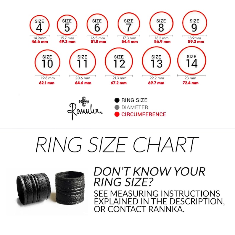 May include: Ring size chart with sizes 4-14, including diameter and circumference measurements in millimeters and inches. The chart also features two black leather ring samples and the text "Don't know your ring size? See measuring instructions explained in the description, or contact Rannka."