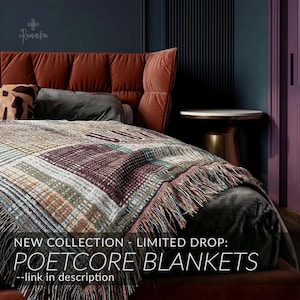 May include: A bed with a rust-colored headboard and a patterned blanket. The blanket features a patchwork design with various colors and textures, including fringe. The text "POETCORE BLANKETS" is displayed on the blanket.