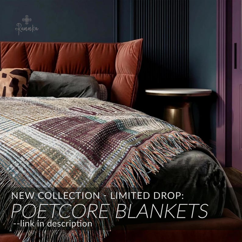 May include: A bed with a rust-colored headboard and a patterned blanket. The blanket features a patchwork design with various colors and textures, including fringe. The text "POETCORE BLANKETS" is displayed on the blanket.