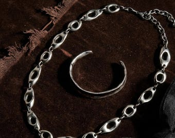 Fluid Sculpted Necklace Bracelet Set Oval Link Choker Matching Wrist Cuff Meaningful Silver Anniversary Jewelry Gift Quiet Luxury Adornment