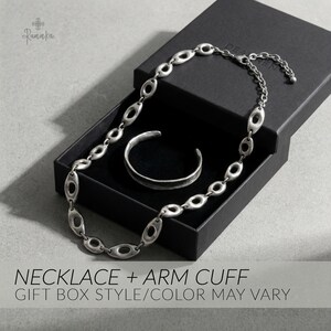 Matte Silver Bracelet Cuff For Women Gift For Wife Minimalist Jewelry Anniversary Her Modern Open Cuff Brutalist Bangle Thin Silver Bracelet Cuff + Necklace +Box