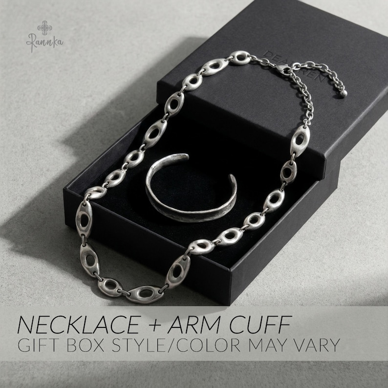 Matte Silver Bracelet Cuff For Women Gift For Wife Minimalist Jewelry Anniversary Her Modern Open Cuff Brutalist Bangle Thin Silver Bracelet Cuff + Necklace +Box