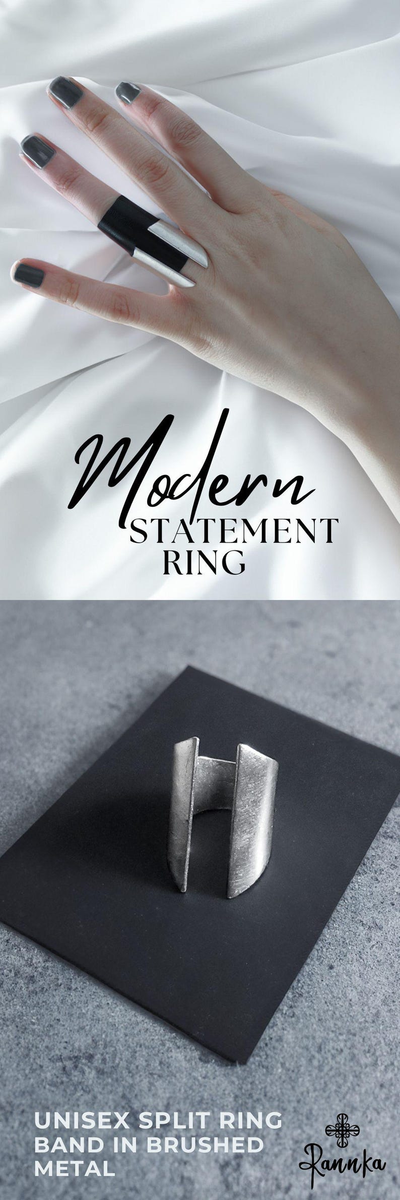 This ring has a minimalist, open-split design made from brushed metal, creating a striking, architectural look. The split shape gives it an edgy yet refined vibe, fitting seamlessly into styles that embrace simplicity and boldness