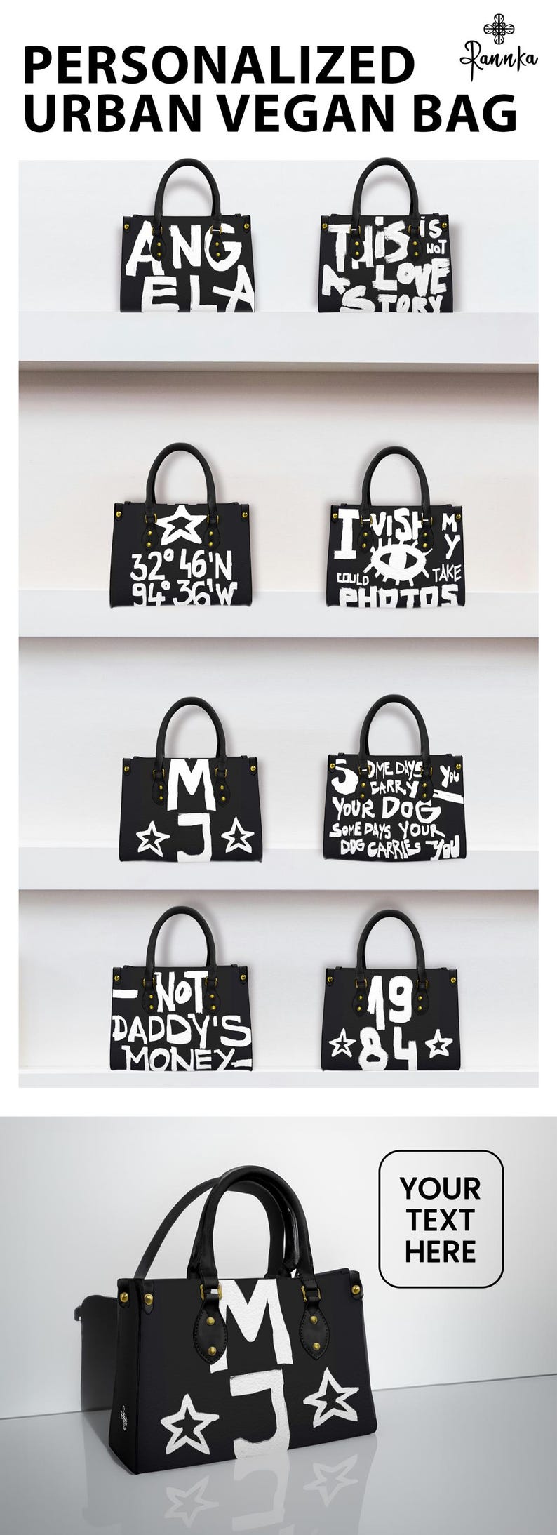 custom text and initials black vegan purse