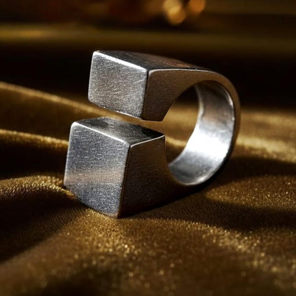 Anillo geométrico llamativo para profesionales, joyería geométrica moderna, regalo para amigas, anillo atrevido para mujer, joyería industrial moderna, anillo grueso de plata.