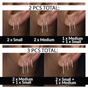 May include: A set of silver-toned U-shaped earrings shown in various configurations. The image displays 2 PCS TOTAL with options for 2 Small, 2 Medium, or 1 Medium and 1 Small. It also shows 3 PCS TOTAL with 2 Medium and 1 Small or 2 Small and 1 Medium.