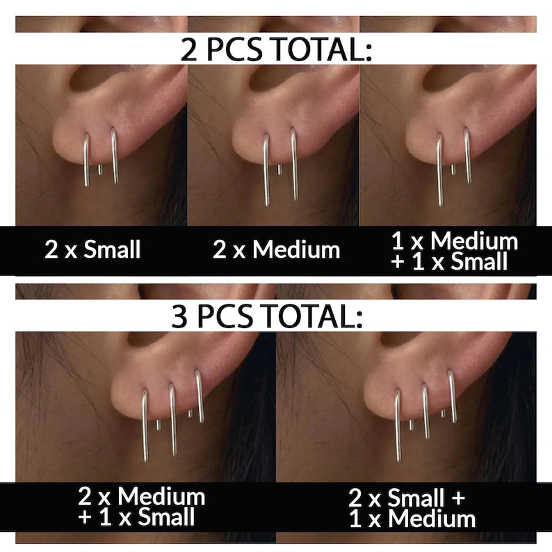 May include: A set of silver-toned U-shaped earrings shown in various configurations. The image displays 2 PCS TOTAL with options for 2 Small, 2 Medium, or 1 Medium and 1 Small. It also shows 3 PCS TOTAL with 2 Medium and 1 Small or 2 Small and 1 Medium.
