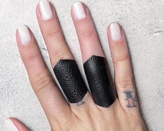 Black Leather Ring Night Out Ring Evening Edgy Fashion Leather Finger Cuff Alternative Jewelry Geometric Statement Ring Band Long Black Ring