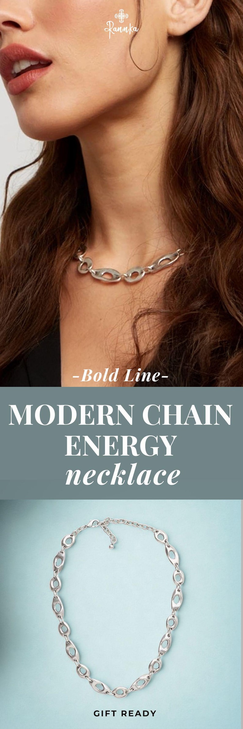Peut inclure: Collier cha&icirc;ne argent&eacute; avec des maillons ovales. Le collier est pr&eacute;sent&eacute; sur un fond bleu clair et autour du cou d'une personne. Le texte "MODERN CHAIN ENERGY necklace" est visible.