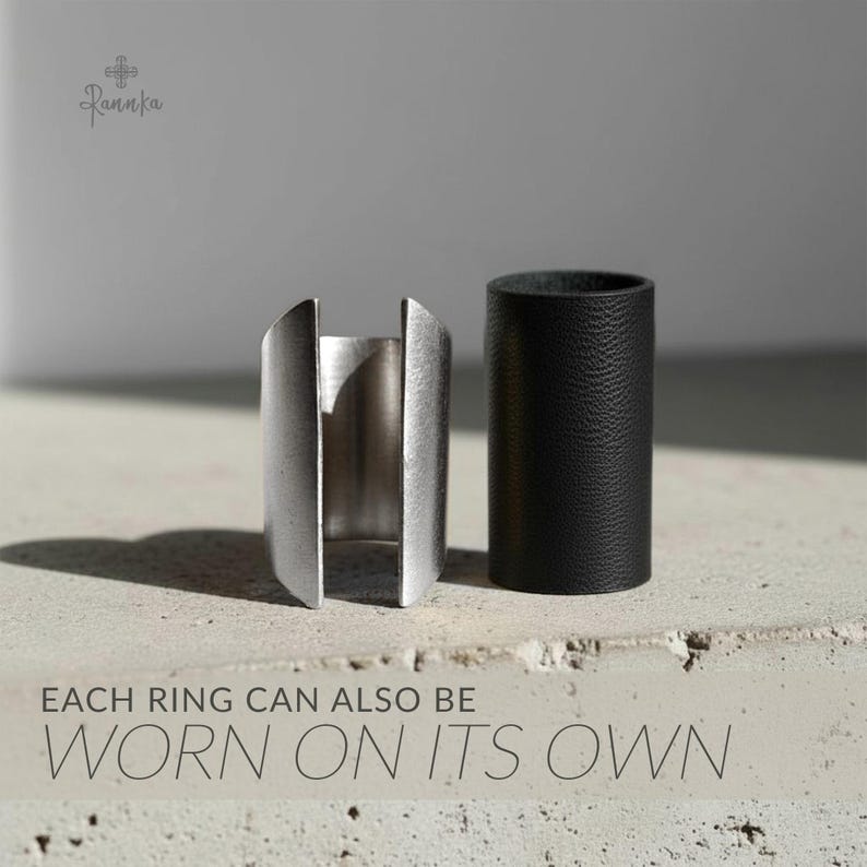 Juego de anillos de cuero y metal con diseño geométrico negro vegano, anillos llamativos de plata cepillada, joyería urbana vanguardista para fiesta, género neutro. imagen 5
