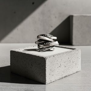 Sculptural oxidized silver ring with overlapping layered bands and dotted detailing, displayed on a concrete block under sharp directional light. The contrast of shadow and texture highlights the ring’s industrial and architectural form. Contemporary jewelry design by Rannka.