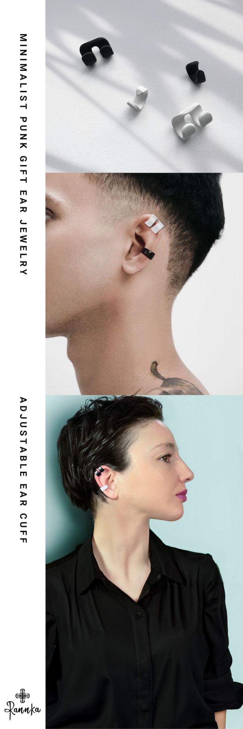 The Black and White Ear Cuff is an adjustable, no-pierced conch wrap earring style suitable for both men and women. This minimalist punk ear jewelry makes a thoughtful birthday gift for a girlfriend or anyone who prefers edgy, clip-on earrings.
