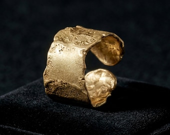 Raw Ring Edge Gold Molten Texture Statement Chunky Band Alternative Wedding Band Brutalist Handmade Jewelry Couple Open Ring Engagement