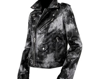 Leather jacket black hand painted unisex vegan leather urban streetwear jacket, Size M and L, C Jacket Black - Rannka