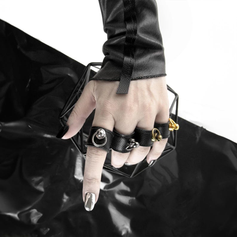Finger Cuff Metal Rivet Tattoo Lover Gift Faux Leather Black Ring
