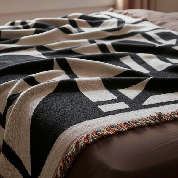 Brutalist Woven Blanket Geometric Black Cream Abstract Sofa Throw Minimal Home Decor Fringe Blanket Cotton Bed Cover Housewarming Urban Gift