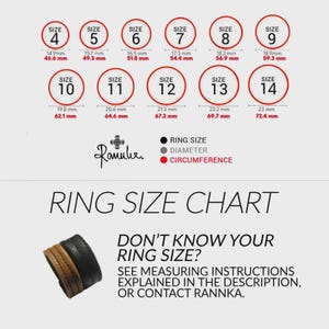 May include: Ring size chart with sizes 4-14, diameter, and circumference measurements in millimeters. The chart includes the text "Ring Size Chart" and "Don't know your ring size?" with instructions. A stack of leather rings is in the lower left.