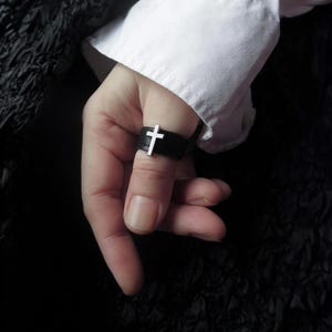 Bold Leather Ring Cross Stacking Black Ring Band Edgy Finger Cuff Crucifix Urban Street Jewelry Artisanal Accessory Special Occasion Gift