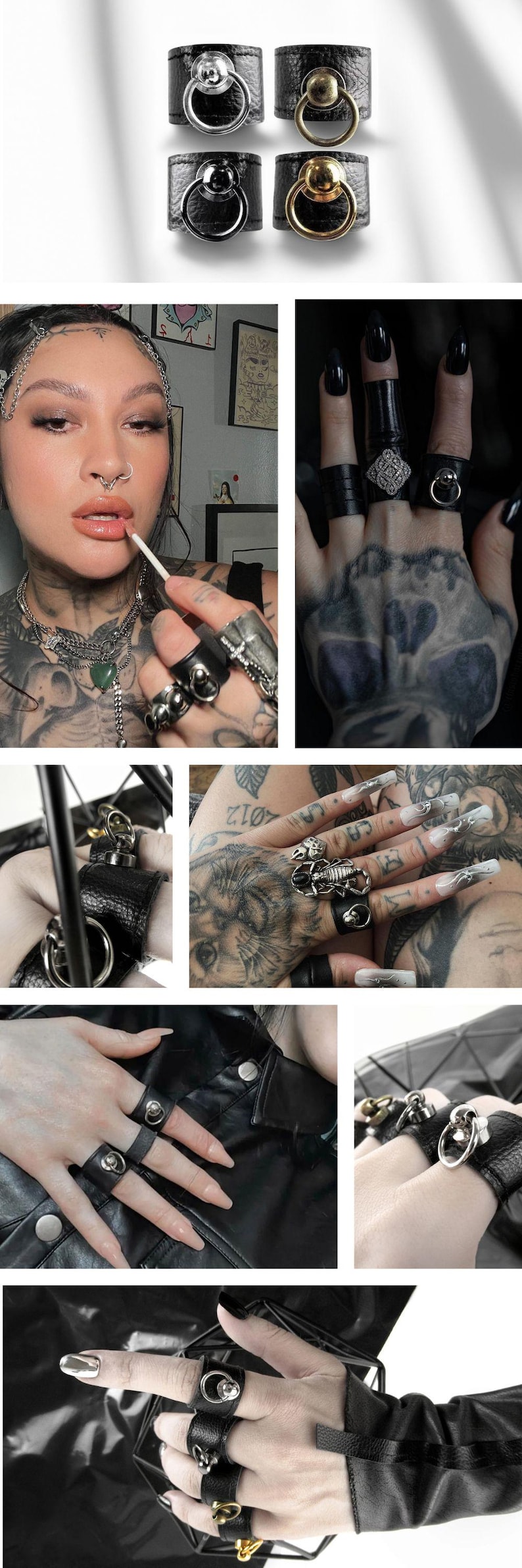 Leather Ring Finger Cuff Metal Rivet Tattoo Lover Gift Faux Leather Black Ring Alternative Vegan Ring Cuff Black O Ring Men Vegan Ring Women