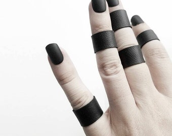 Tiny Black Ring Matte Black Ring Stretch Faux Leather Ring Band Unisex Black Ring - Rannka