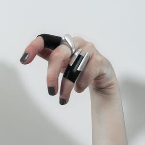 architectural geometric brutalist ring set - metal and leather